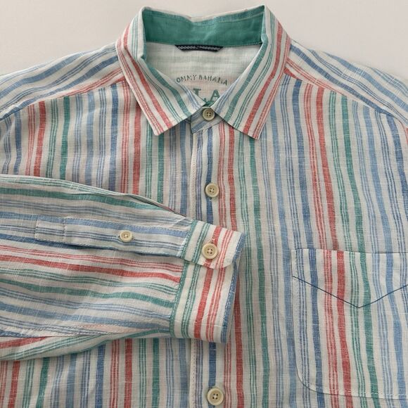 Tommy Bahama Relax Mens 100% Linen Shirt Sz L Reverse Print Striped Long Sleeve - Picture 1 of 12